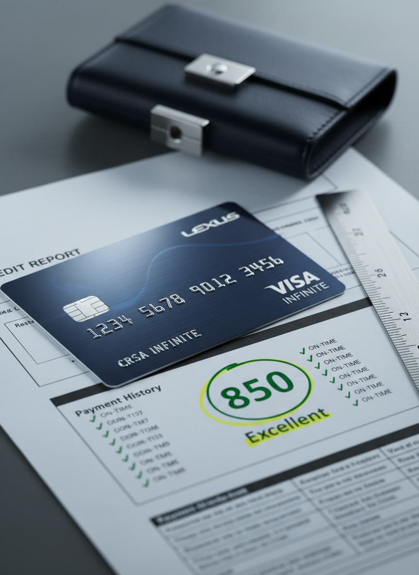 A close-up of a pristine, high-limit credit card with an understated navy and silver design, resting diagonally atop a printed credit report that shows a prominently highlighted “Excellent” score and clean payment history. A slim, metallic ruler lies parallel to the report’s edge, symbolizing structure and boundaries, while a compact, locked cardholder wallet sits just in the background. Cool, directional desk lighting from the left creates crisp highlights on the card’s embossed numbers and subtle shadows along the paper’s edges. Photographic realism with a shallow depth of field keeps the card and score in razor-sharp focus while the background softly blurs, conveying control, discipline, and the long-term payoff of consistent, responsible credit behavior.