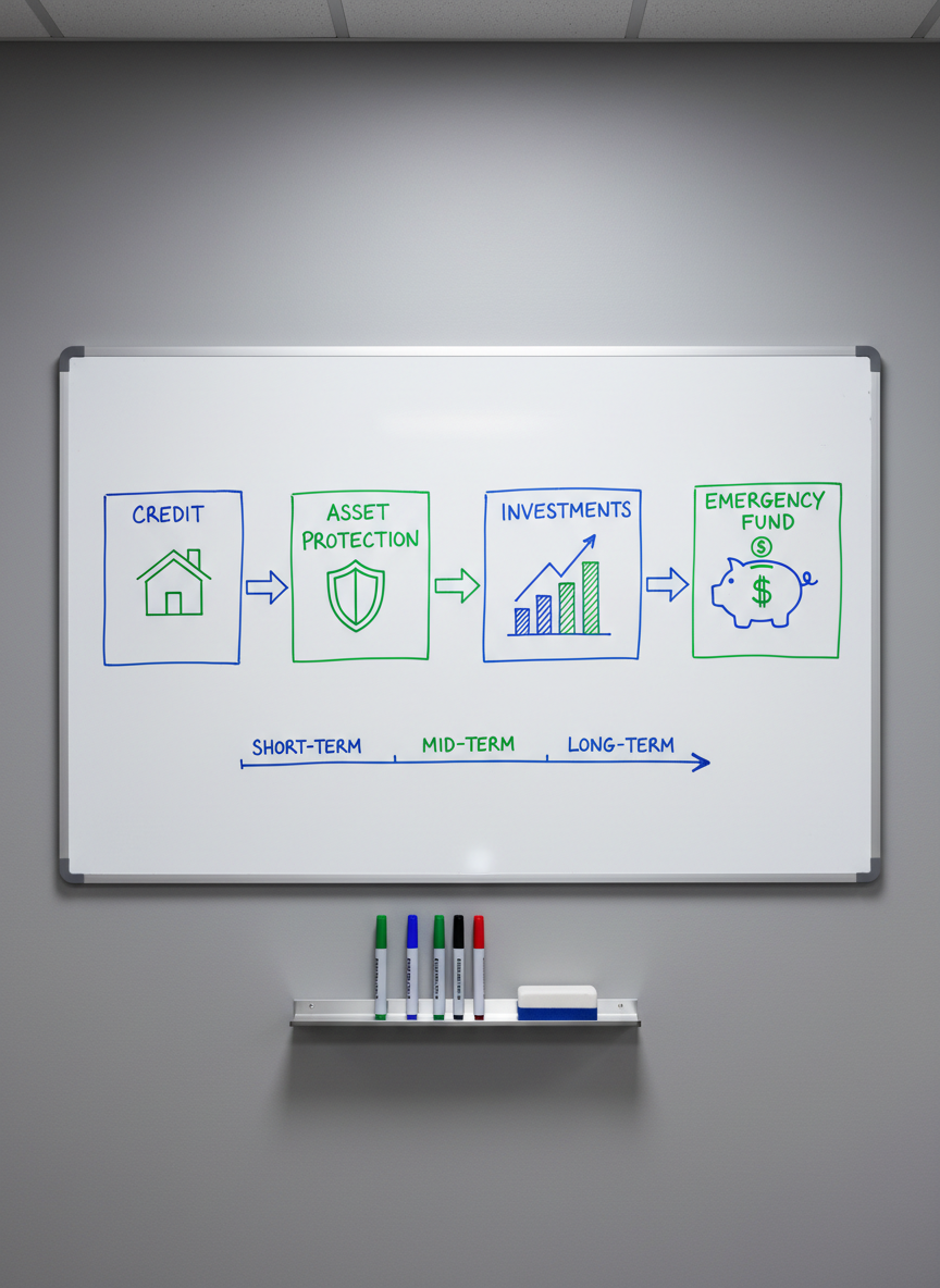 A clean, minimalist whiteboard mounted on a matte gray wall, filled with a carefully drawn financial roadmap: bold arrows connecting icons of a small house, a shield, a rising bar chart, and a piggy bank. Each section is outlined with precise blue and green marker lines, with neatly written labels like “Credit,” “Emergency Fund,” and “Asset Protection.” Below, a slim metal shelf holds a row of perfectly aligned markers and an eraser. Cool, diffused office lighting creates soft, even illumination with almost no harsh shadows. Photographic realism at a slightly elevated angle captures the entire board sharply, evoking a structured, strategic, and highly organized environment focused on long-term financial discipline and clarity.