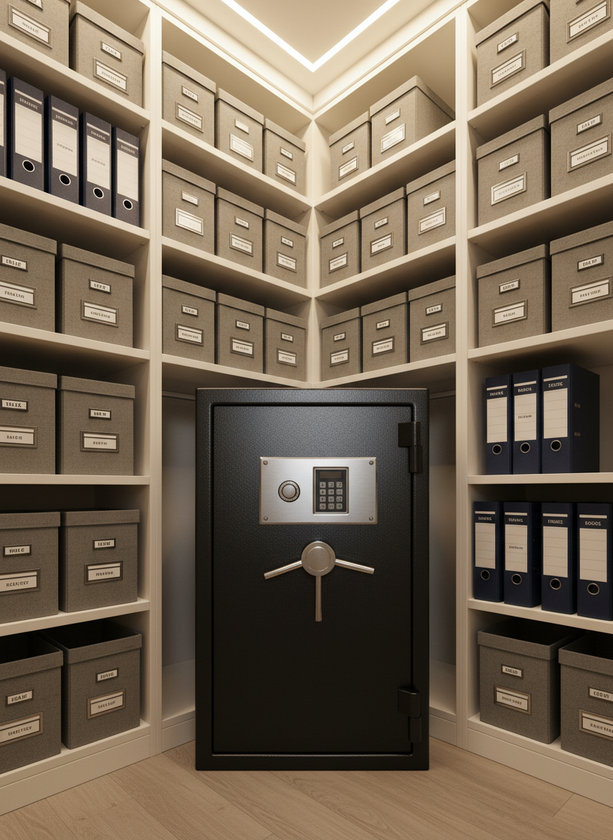 A solid, fireproof home safe with a matte black finish and a brushed-steel digital keypad door, positioned firmly in the corner of a tidy walk-in closet. Around it, labeled storage boxes and neatly arranged binders marked “Insurance,” “Wills,” and “Deeds” line sturdy white shelves, hinting at careful asset protection. Warm overhead lighting casts soft, controlled shadows that emphasize the safe’s robust edges and textured surface. Photographic realism from a slightly low-angle perspective reinforces a feeling of strength and security. The mood is steady, responsible, and reassuring, suggesting that everything valuable—documents and finances alike—is deliberately protected and under control.