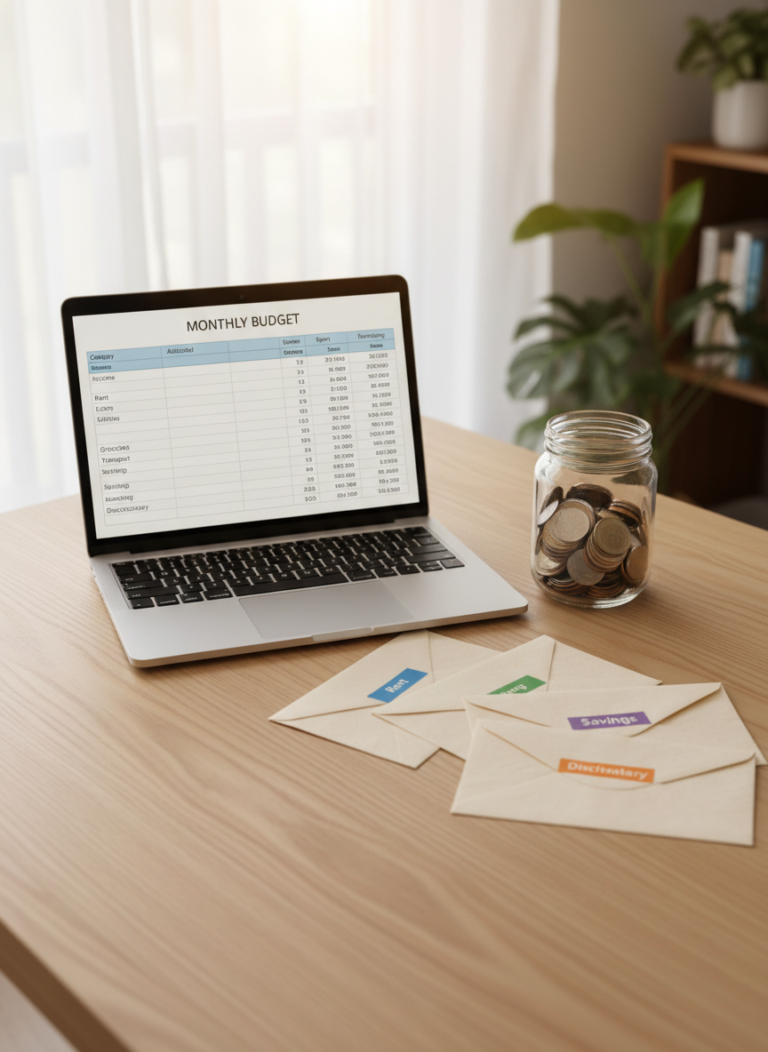 A structured monthly budget spreadsheet displayed on a sleek, closed silver laptop resting beside a stack of crisp, color-coded envelopes labeled “Rent,” “Savings,” “Investing,” and “Discretionary.” The envelopes fan out across a smooth, light-wood table with a subtle grain, next to a simple glass jar half-filled with assorted coins. Soft afternoon daylight filters through sheer curtains in the background, creating a gentle, diffused glow and a mild bokeh effect. Photographic realism at a slightly elevated, three-quarter angle ensures the labels and textures are clearly legible. The atmosphere feels orderly, calm, and intentional, emphasizing the discipline of assigning every dollar a defined purpose to move from financial stress to predictable, stable routine.