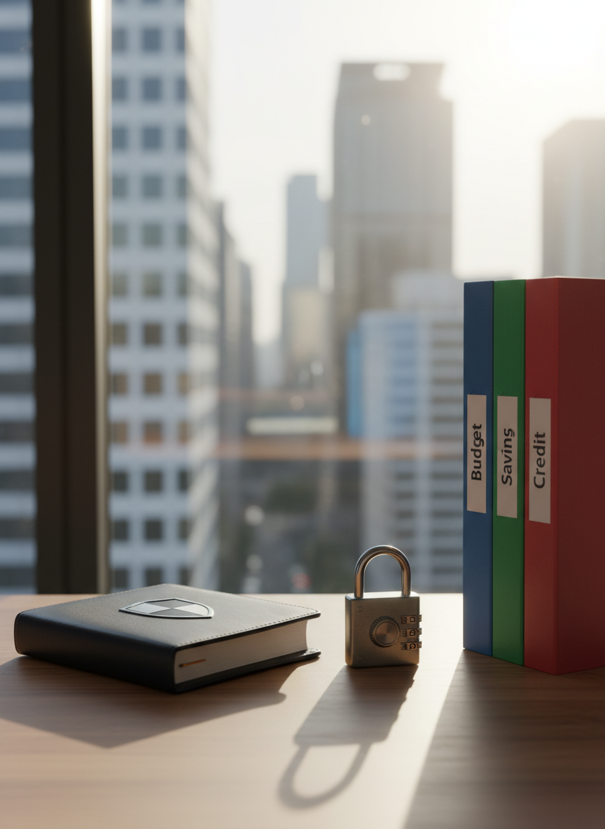 A meticulously organized wooden desk featuring a sturdy, closed dark-navy financial planner embossed with a subtle silver shield icon, symbolizing protection and stability. Beside it rests a heavy metal combination lock and a neatly stacked set of color-coded folders labeled “Budget,” “Savings,” and “Credit.” The desk sits near a large window overlooking a blurred cityscape of office buildings. Soft morning sunlight washes across the scene, creating clean highlights on the planner and gentle shadows from the lock. Captured at eye-level with a shallow depth of field in photographic realism, the composition follows the rule of thirds, conveying a calm, professional, and grounded atmosphere that suggests disciplined financial planning and long-term security.